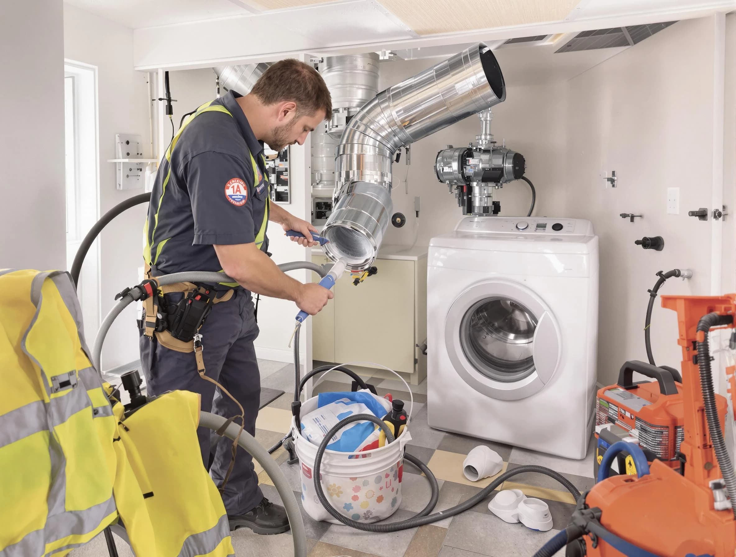 Goodyear Dryer Vent Cleaning technician using specialized equipment to clear severe dryer vent blockage in Goodyear