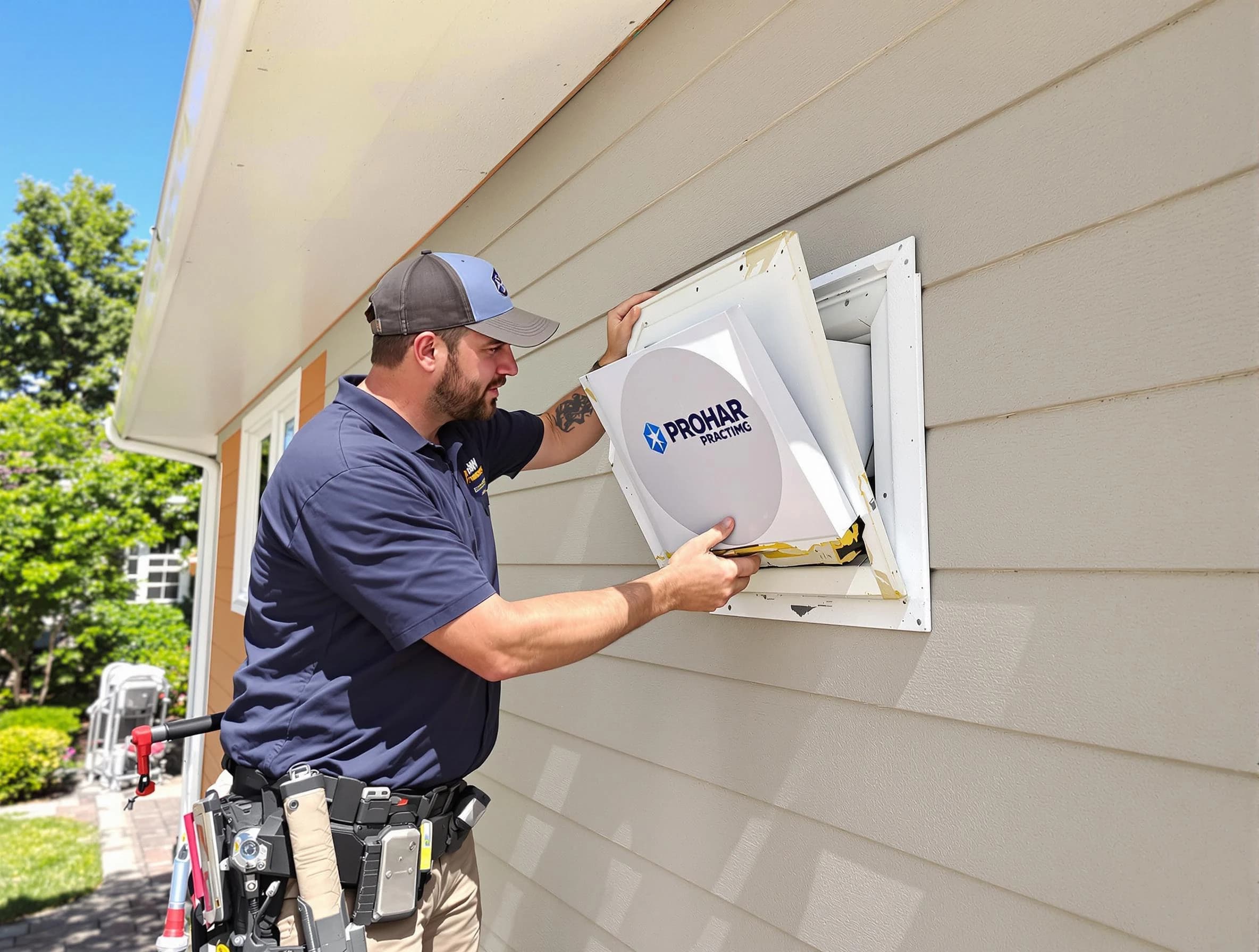 Goodyear Dryer Vent Cleaning technician installing a new protective dryer vent cover on a home in Goodyear