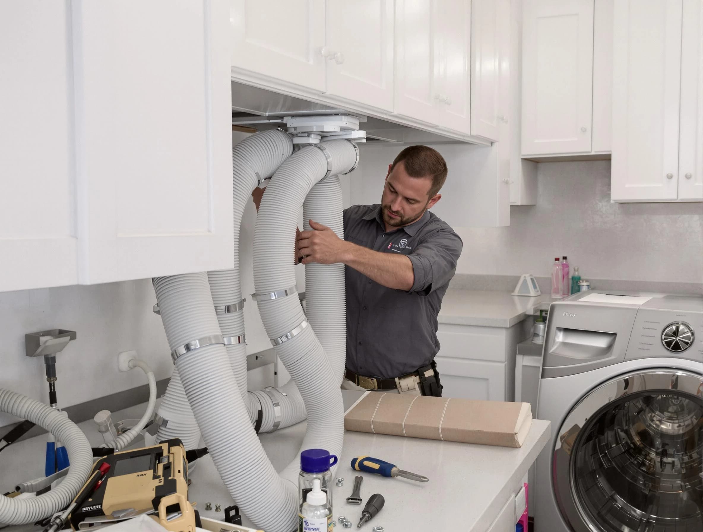 Goodyear Dryer Vent Cleaning technician installing a new professional-grade dryer vent hose in Goodyear