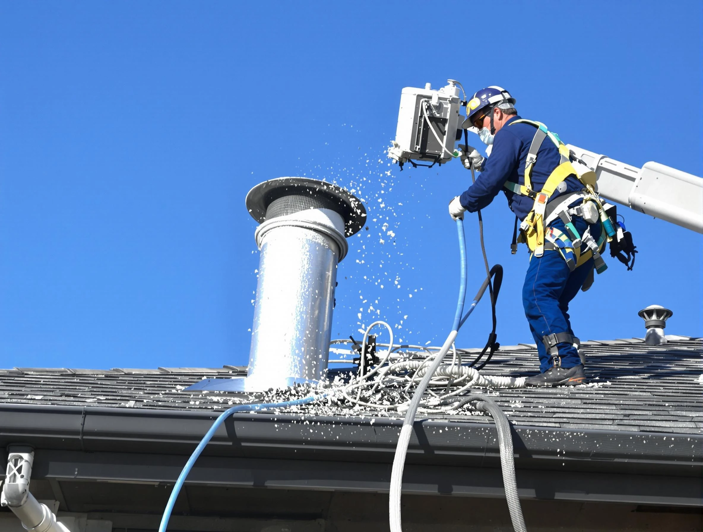 Goodyear Dryer Vent Cleaning certified technician safely cleaning a roof-mounted dryer vent in Goodyear